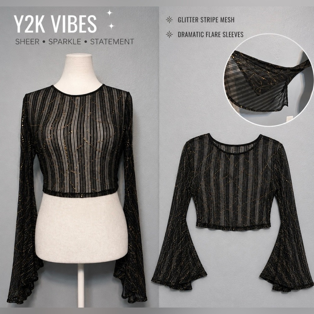Black Sheer Mesh Bell Sleeve Crop Top Gold Glitter Y2K Goth Festival Fairy Large